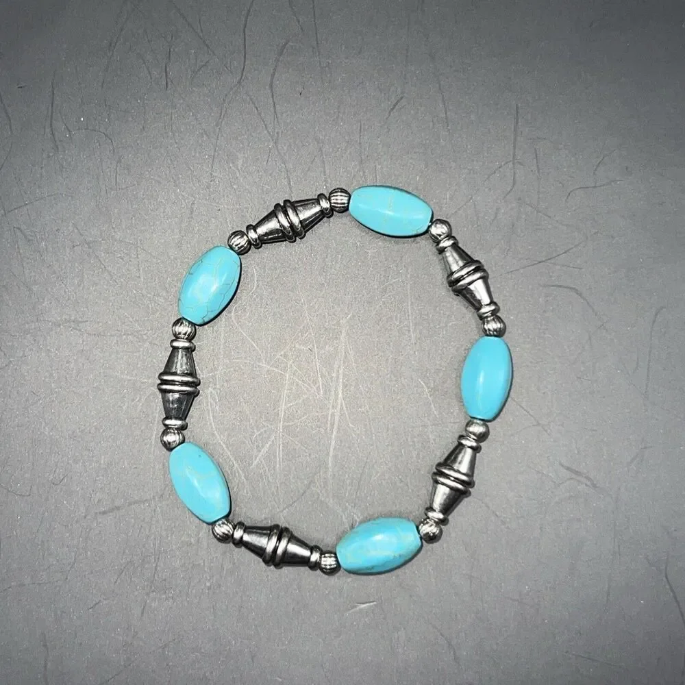 Bracelet Silver Stretch Bangle Multi Layering Blue Boho Western Turquoise - Picture 6 of 10